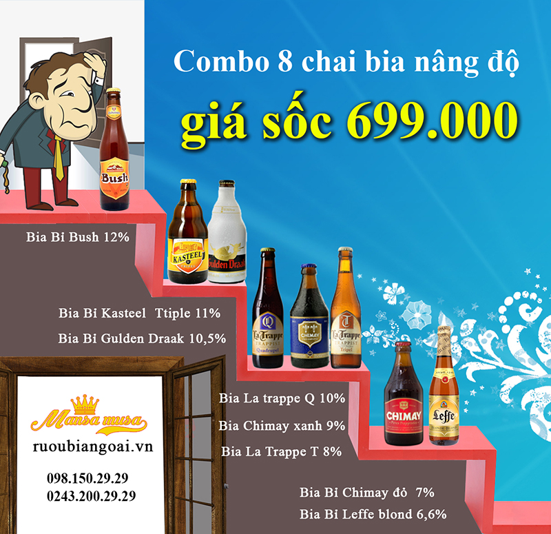 Đại tiệc Bia ngoại combo 8 chai giá sốc 699.000đ uống thả ga